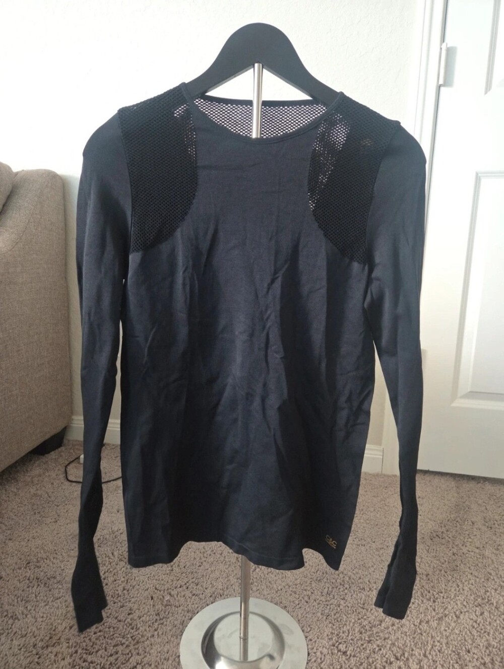 C&C California Black Long-Sleeve Crewneck Sweater with Mesh Shoulders